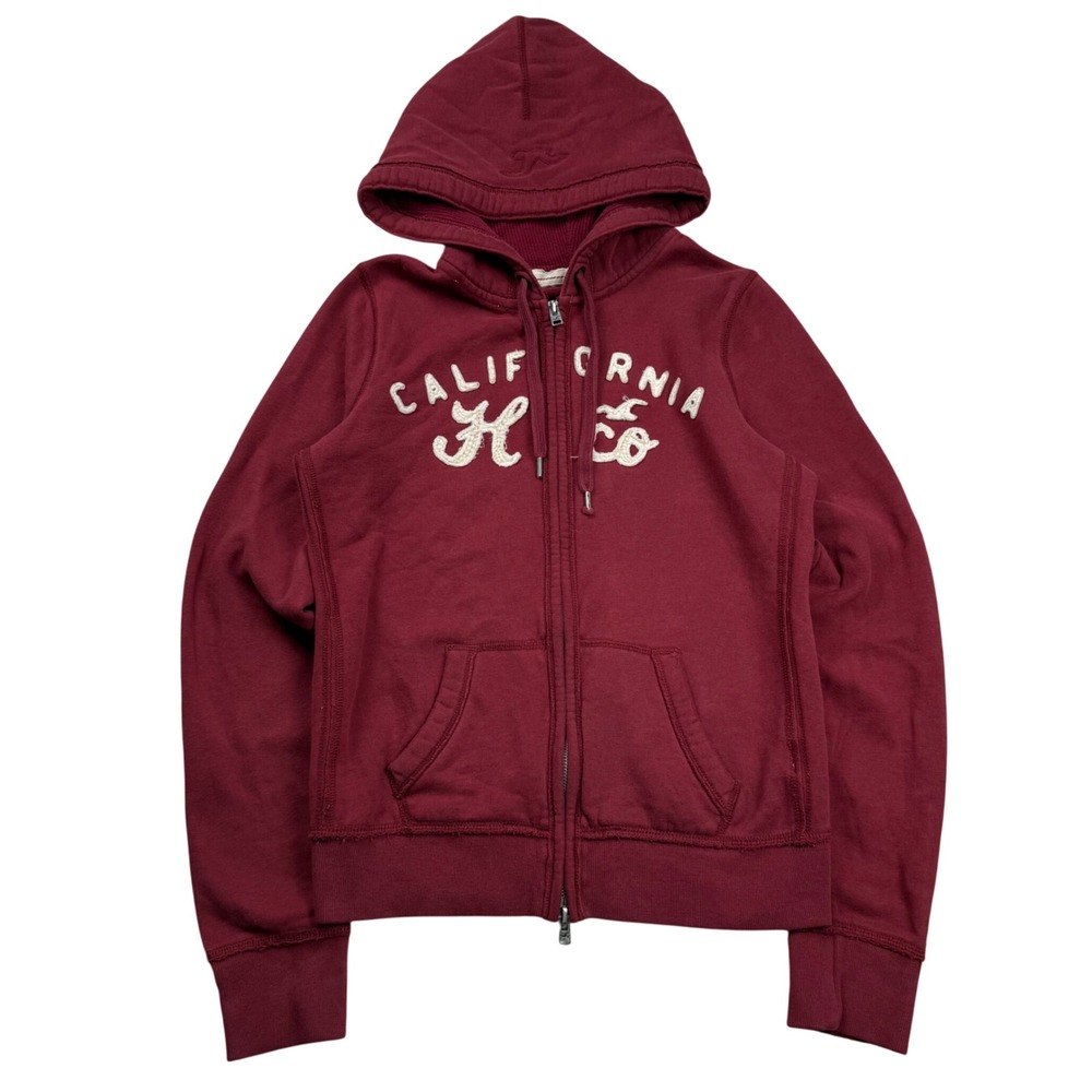 VTG Y2K Hollister California Full Zip Hoodie Burgundy Fleece Sweatshirt Medium